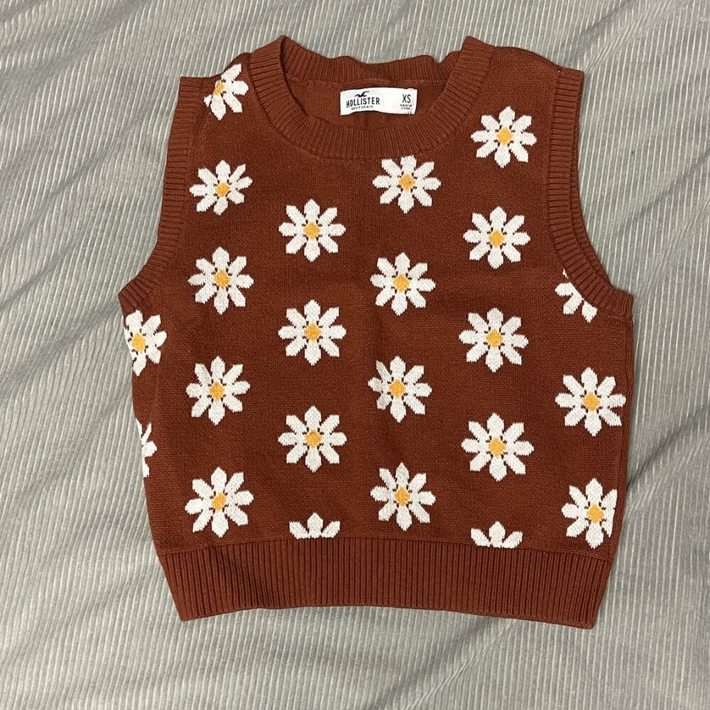 Brown Daisy Sweater Vest, Hollister, Size XS